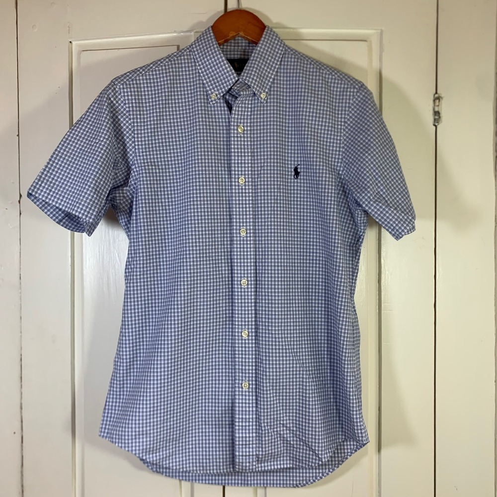 Polo Ralph Lauren Mens Small Blue Gingham Check Short Sleeve Button Down Shirt